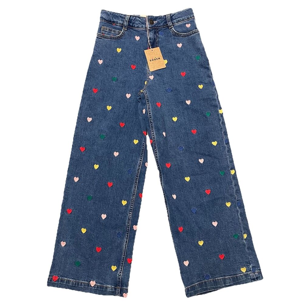 NWT Mini Boden Girls Wide Leg Jeans Size 10-11 Y Adjustable Waist Hearts Girly - Picture 2 of 7